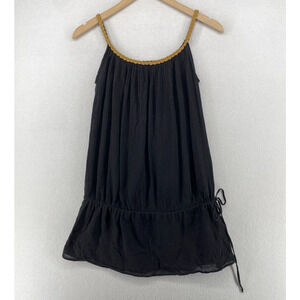 ELIF Tank Top S Crinkled Gauze Tunic Shirred Cinched Spaghetti Strap Black